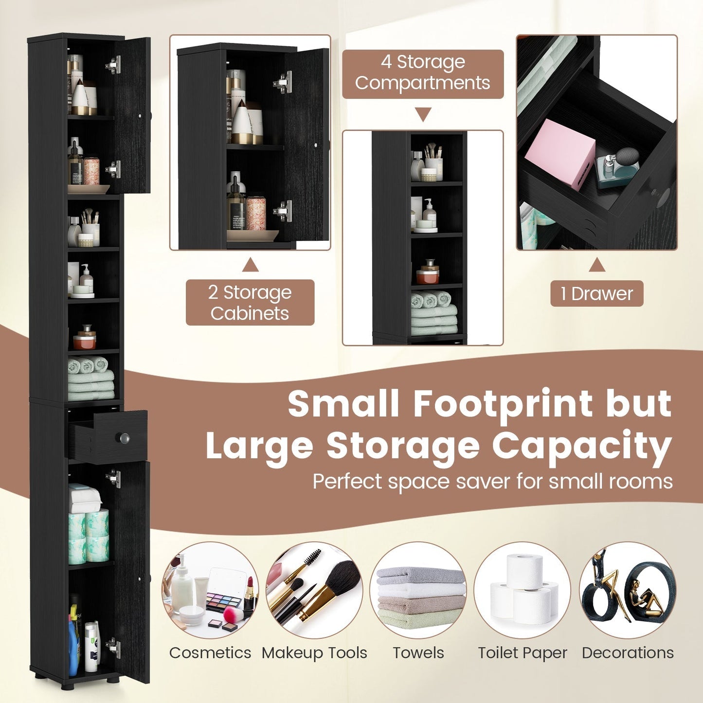 Freestanding Slim Bathroom Cabinet with Drawer and Adjustable Shelves-Black