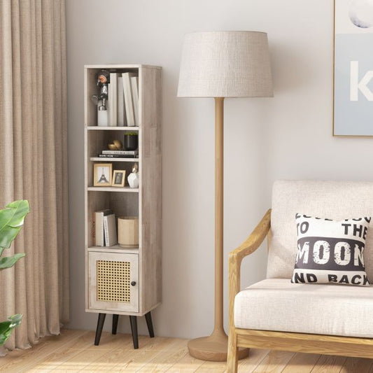 Freestanding Slim Cabinet with Rattan Door and Solid Wood Legs-Grey