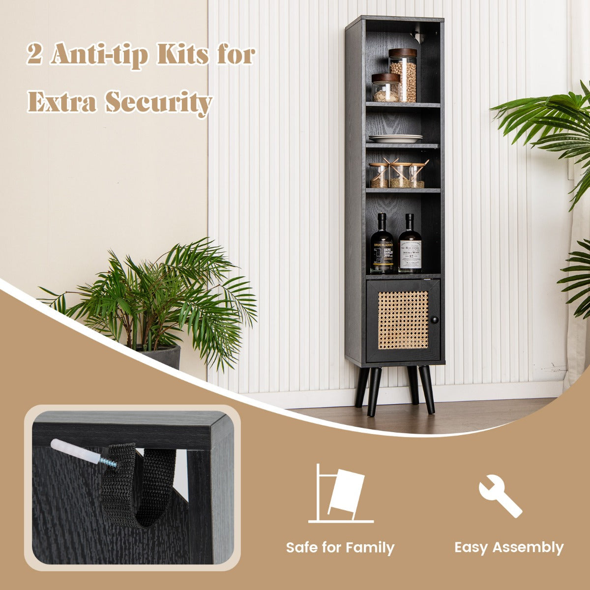 Freestanding Slim Cabinet with Rattan Door and Solid Wood Legs-Black