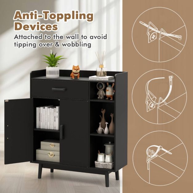 Freestanding Wooden Bookcase with Drawer and Adjustable Shelves-Black