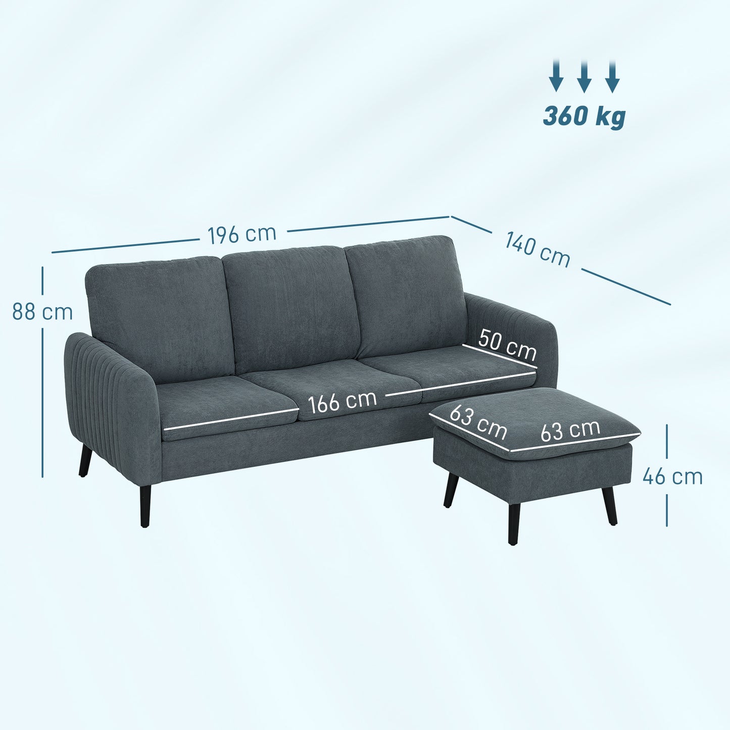 HOMCOM Fabric Sofa with Ottoman, Corduroy L-shaped Sofa Couch with Scatter Back, Reversible 3-Seater Chaise Lounge for Living Room, Home Office, Small Spaces, Charcoal Grey