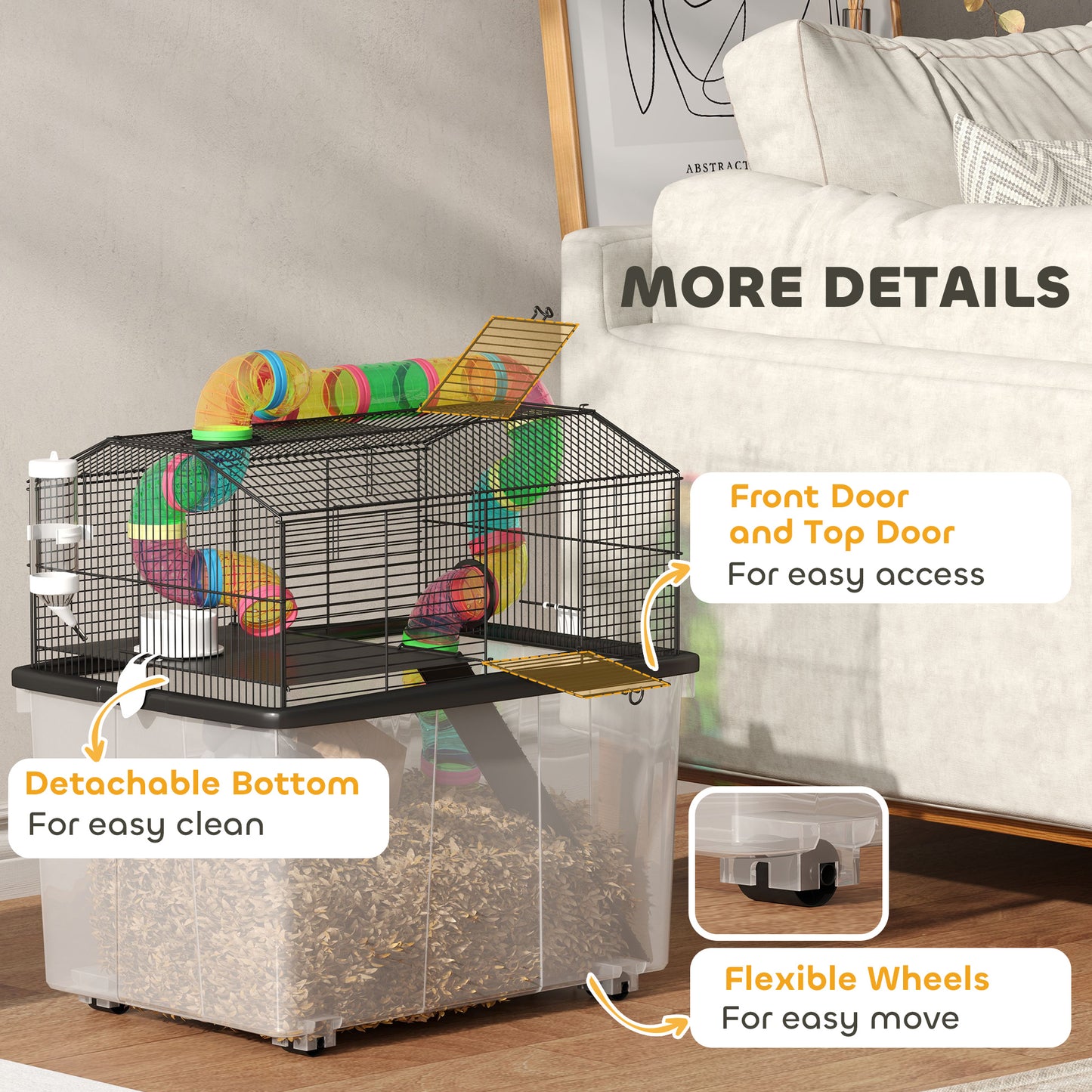 PawHut 2 Tier Hamster Cage with 31cm Deep Tray, Tube System, Water Bottle, Ramp, Feeding Bowl, 58 x 43 x 57cm, Multicolour