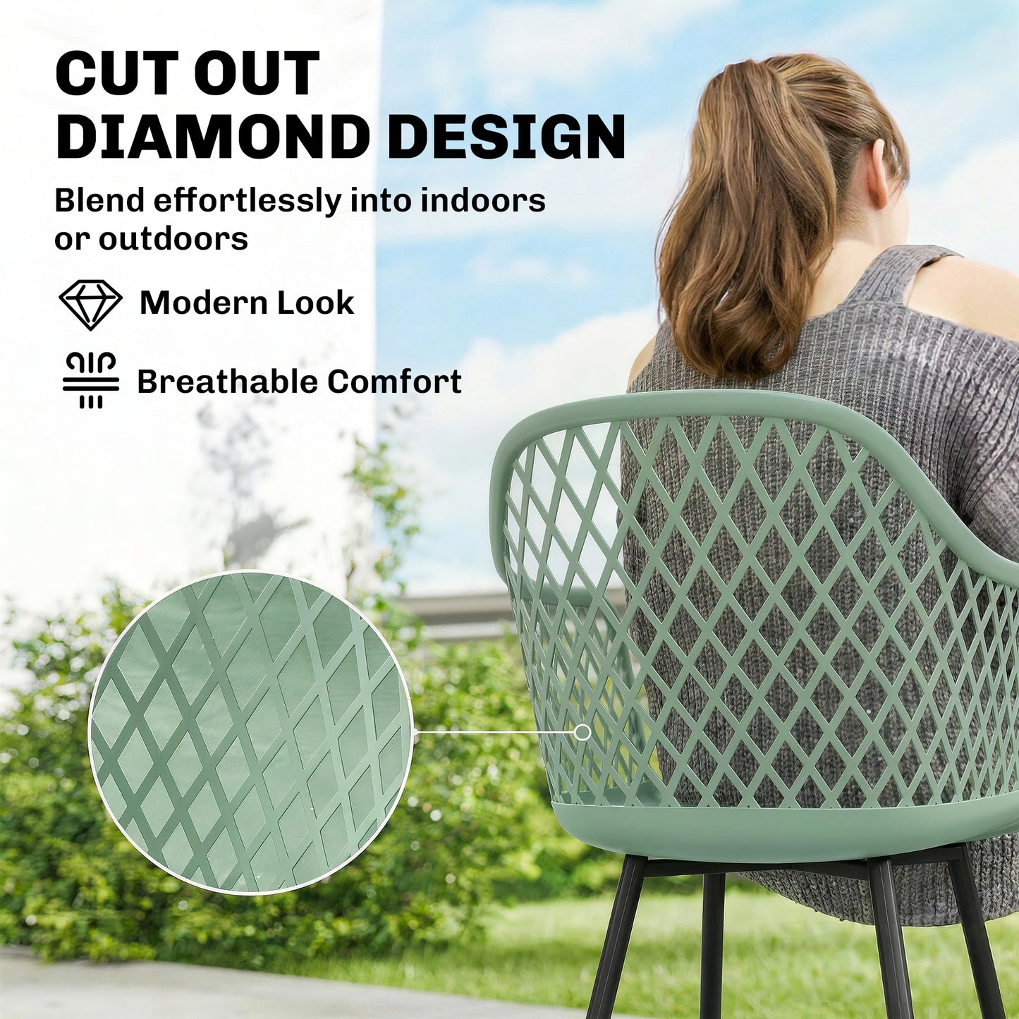 Outsunny Garden Chairs Set of 4, Garden Dining Chairs with Cut Out Diamond Back and Armrests for Patio, Balcony, Terrace, Green