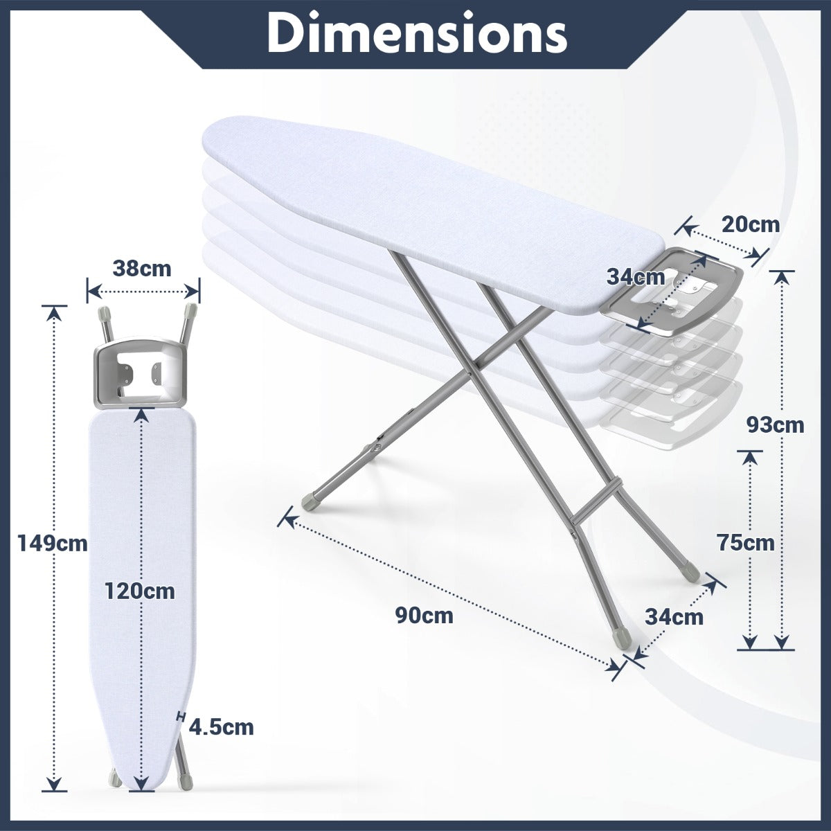 Full Size Ironing Board with Iron Rest and 7-Level Height-White