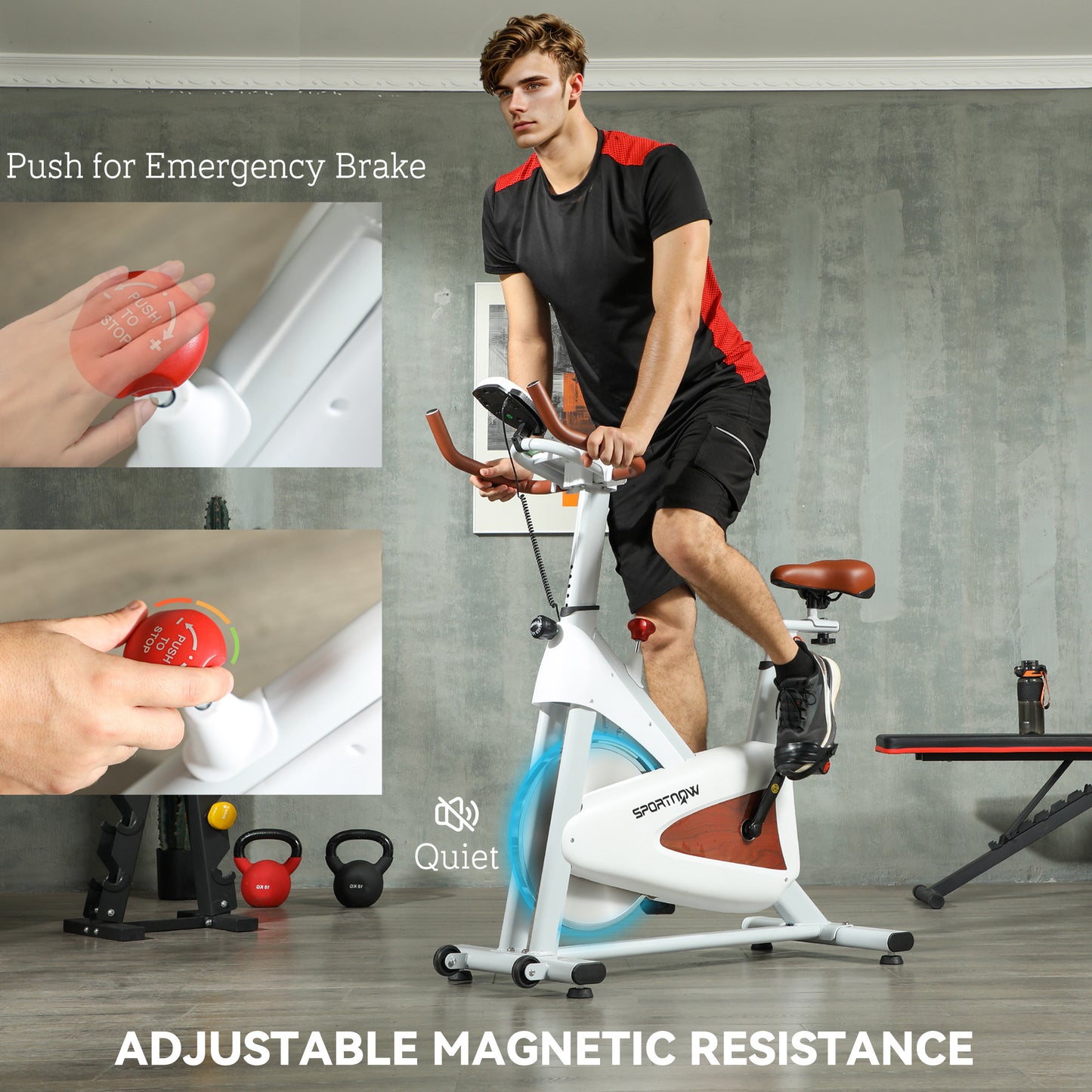 Rower treningowy SPORTNOW Indoor, cichy rower stacjonarny, stylowa maszyna rowerowa z regulowanym siedziskiem i oporem, monitor LCD, uchwyt na tablet, do ćwiczeń kardio w domowej siłowni, biały