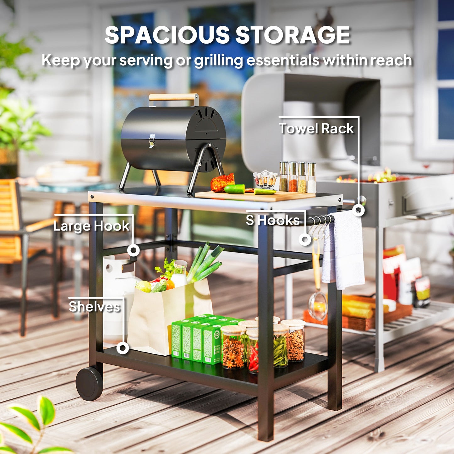 Outsunny Outdoor Grill Dining Cart 2-Shelf Movable Pizza Oven Table Stand with Stainless Steel Top, Portable BBQ Trolley Food Prep Outdoor Kitchen Barbecue Station with Hooks Wheels, Charcoal Grey