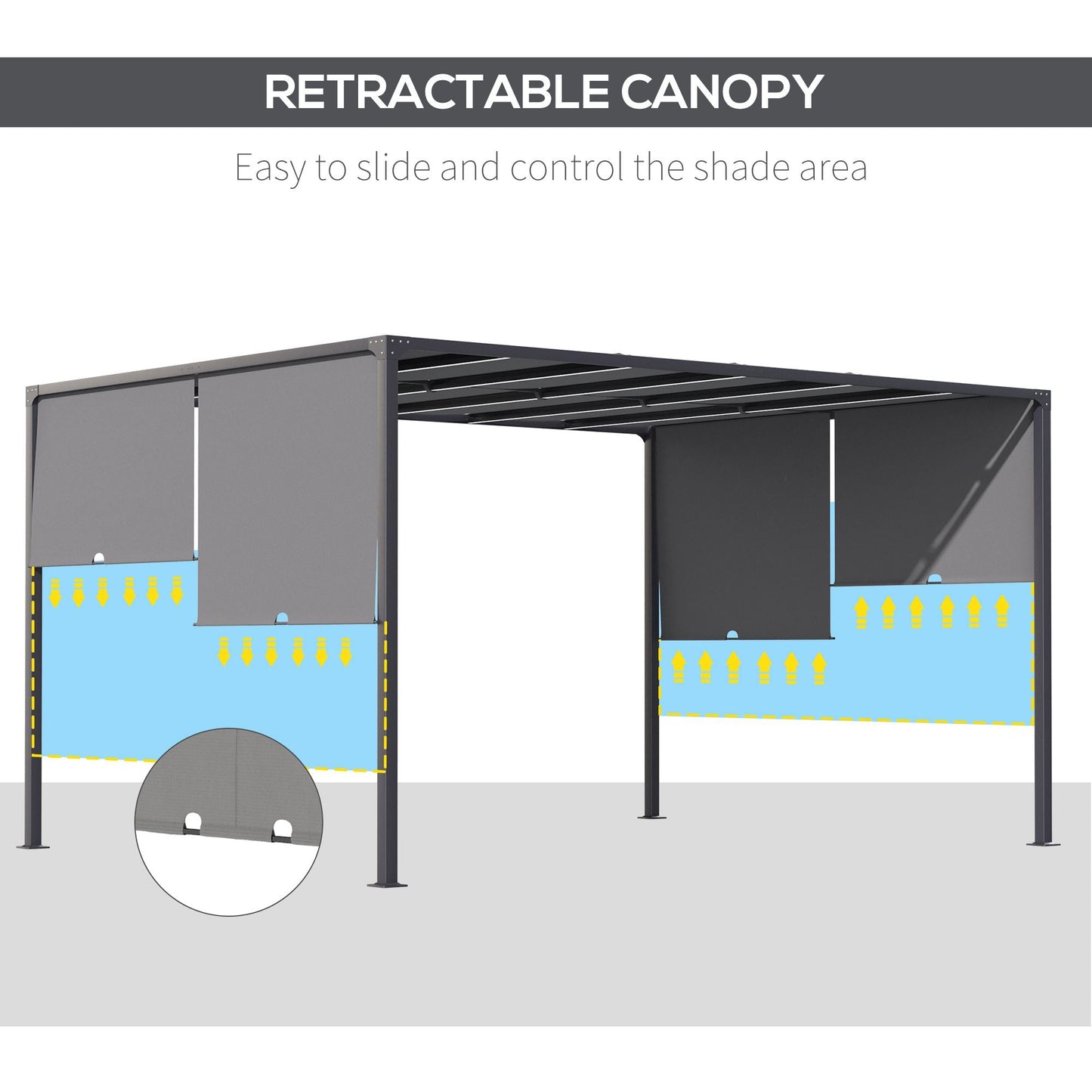 Outsunny 3(m) x 4m Metal Pergola with LED Lights, Outdoor Garden Pergola with Sliding Roof, Solar Powered, for BBQ, Lawn, Dark Grey