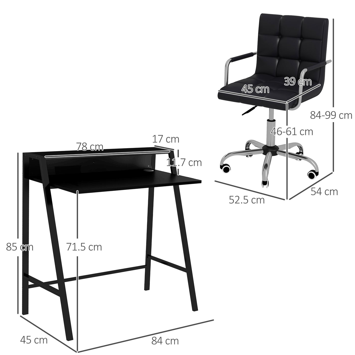 Zestaw HOMCOM Home Office Chair i Computer Desk, Fotel biurowy ze sztucznej skóry z kółkami obrotowymi, Biurko do nauki z półką do przechowywania, Czarny