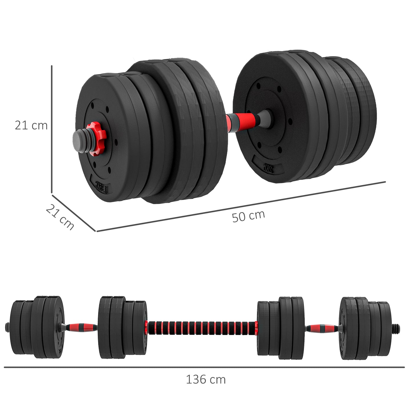 HOMCOM 30kg 2 W 1 Regulowany Zestaw Hantel, Hantle Ręczne Sztanga do Fitnessu Ciała, Trening Podnoszenia dla Domu, Biura, Siłowni, Czarny