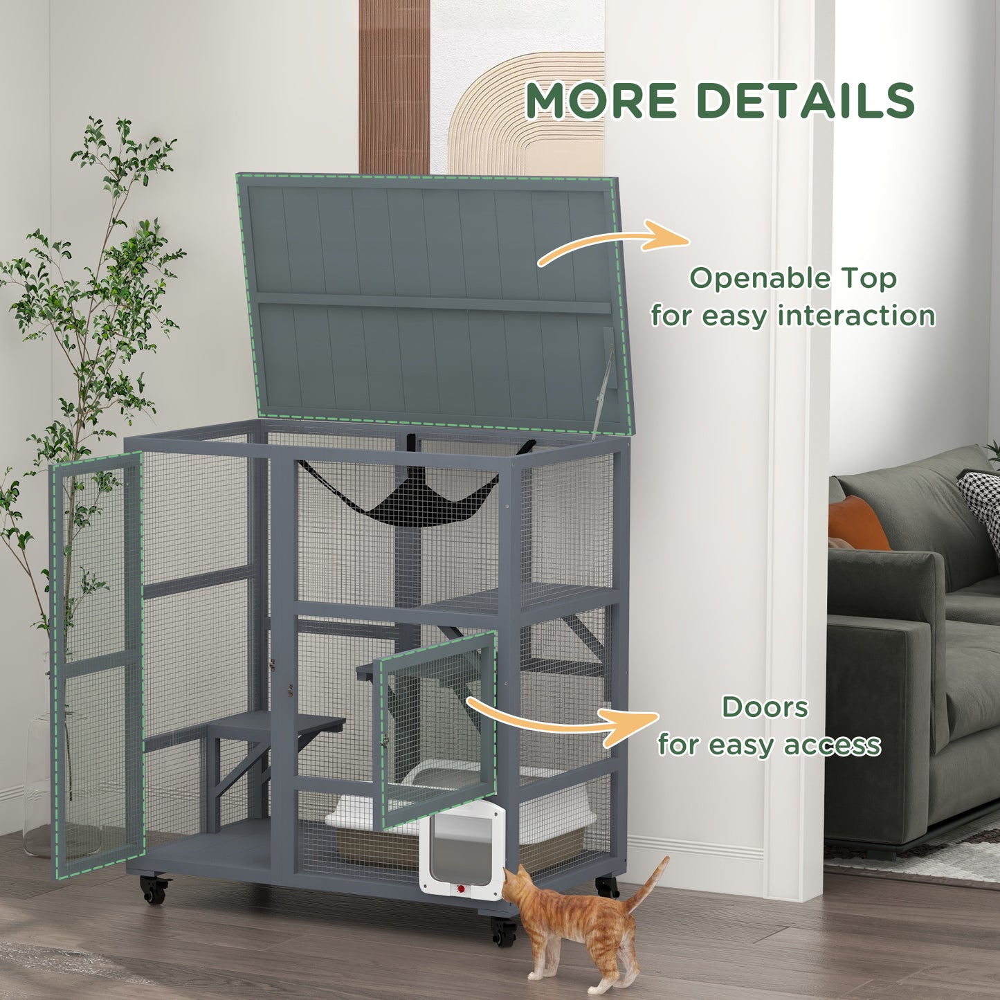 PawHut Cat House, Drewniany kryty koci domek na kółkach, Drewniana klatka dla kota z platformami, hamak, jasnoszary