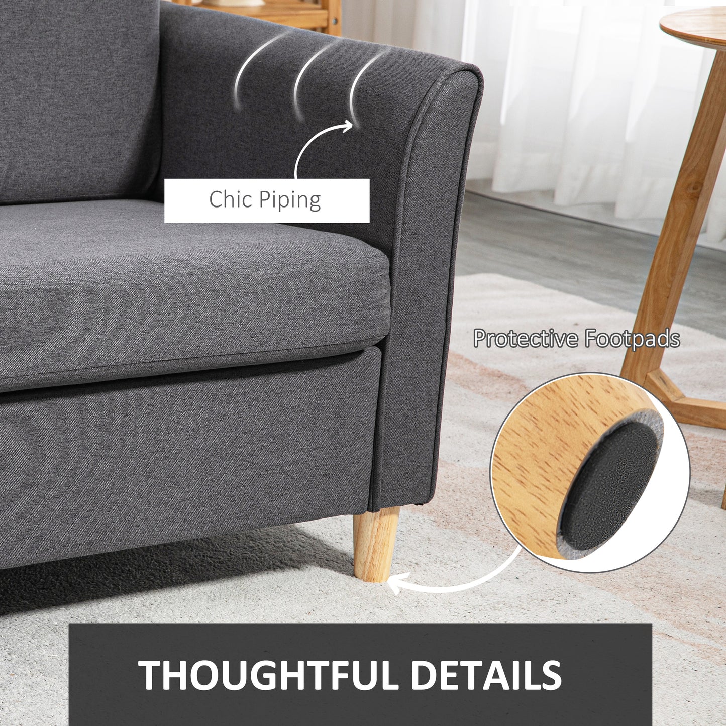 HOMCOM Kompaktowa Sofa Dwuosobowa, Nowoczesna Sofa Dwuosobowa Do Salonu Z Drewnianymi Nogami I Podłokietnikami, Ciemnoszara