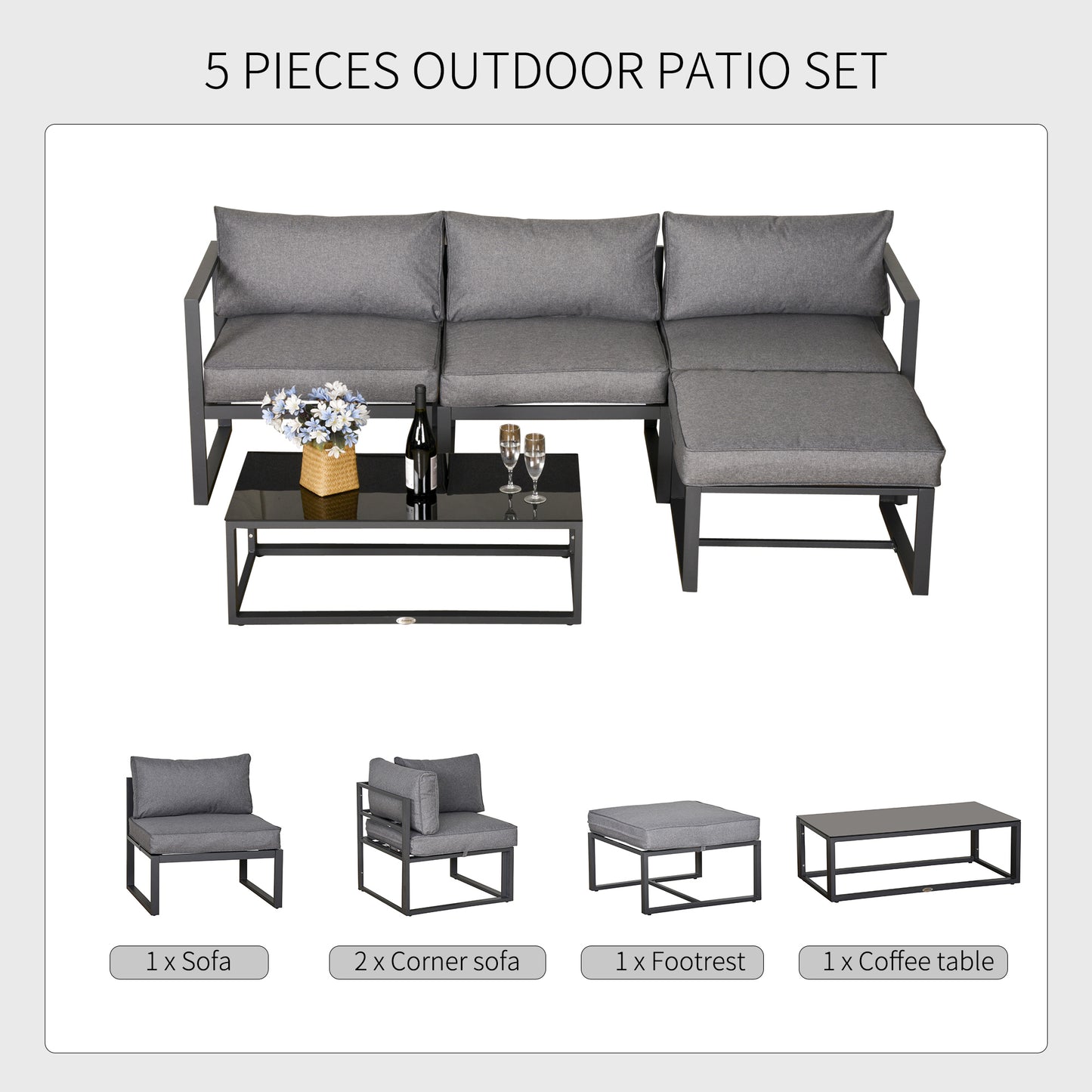 Outsunny 5-częściowy zestaw mebli ogrodowych, sofa z sofą i szklanym stolikiem kawowym, krzesła z poduszkami i aluminiowa rura, na balkon, ogród, podwórko, szary