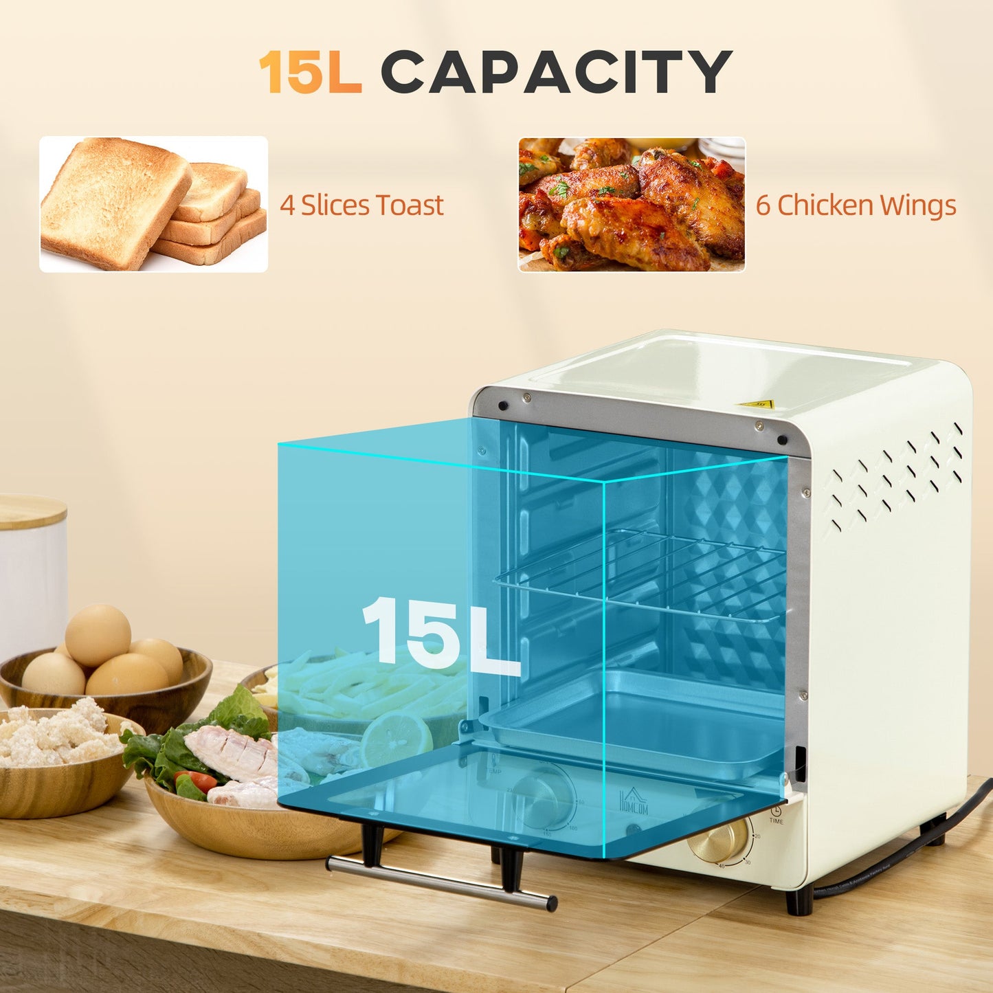 Minipiekarnik HOMCOM, 15 litrów, elektryczny piekarnik i grill z regulacją temperatury 60-230√¢‚Äû∆í, 60-minutowy timer, zawiera blachę do pieczenia, ruszt i tackę na okruchy, 1000 W, kremowo-biały