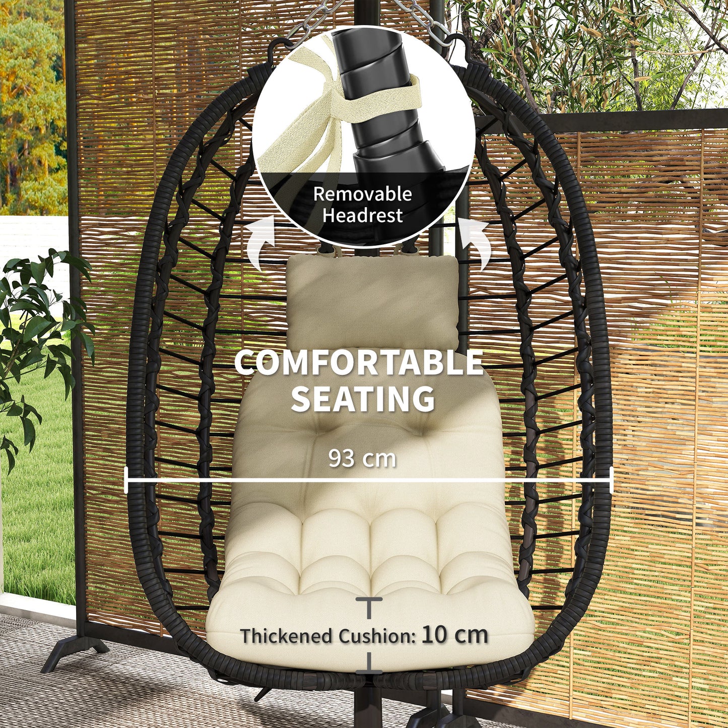 Outsunny Rattan Wiszący Fotel Jajko, Składany Wiklinowy Fotel Huśtawka Hamakowa z Poduszką, Stojak, Regulowana Wysokość, Poduszka Pod Głowę, Stalowa Rama Do Ogrodu Patio Wewnątrz Na Zewnątrz, Kremowo-Biały