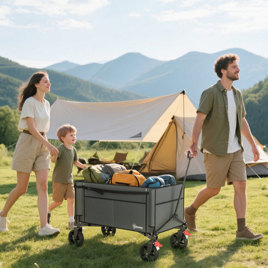 Outsunny Festival Trolley on Wheels, 150L Folding Camping Trolley Cart with Openable Sides, Adjustable Handle and Brakes for Shopping Beach Garden Fishing, Grey