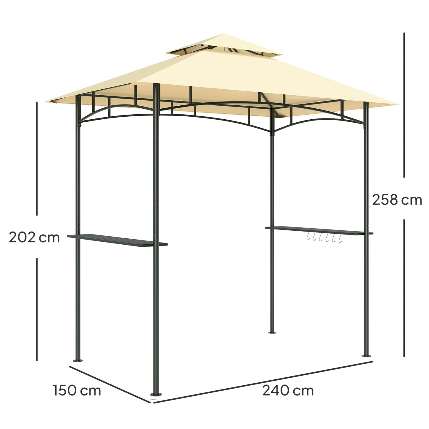 Altana grillowa Outsunny 8' x 5', dwupoziomowa altana grillowa z baldachimem i oświetleniem LED, 2 półki boczne, haczyki, beżowa