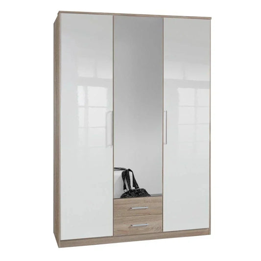 GEMA 3 Door Mirrored Wardrobe Oak and White Gloss 135cm