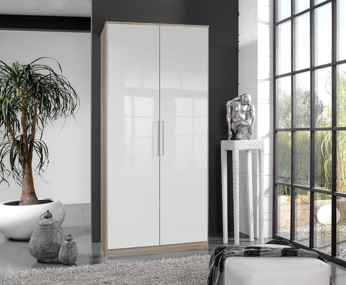 GEMA 2 Door Wardrobe Oak and White Gloss 90cm
