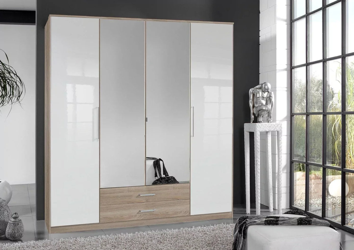 GEMA 4 Door Mirrored Wardrobe Oak and White Gloss 180cm