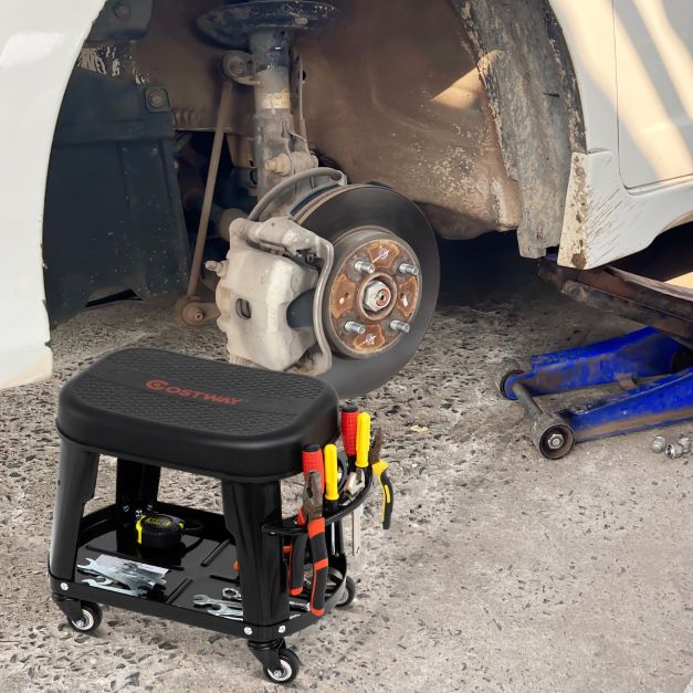 Rolling Workshop Stool with Storage Removable Mechanic Seat with Equipment Tray Tool Holder Load 136 kg Black