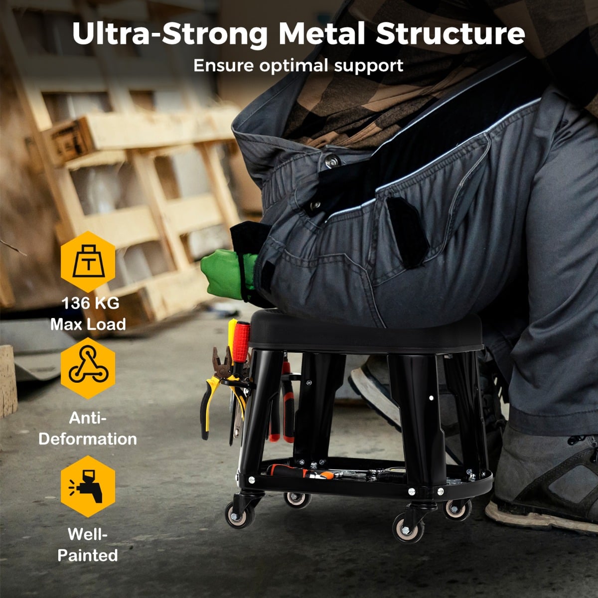 Garage Rolling Stool with Equipment Tray and Tool Holder-Black