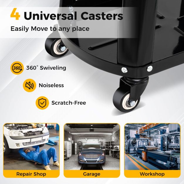 Rolling Workshop Stool with Storage Removable Mechanic Seat with Equipment Tray Tool Holder Load 136 kg Black