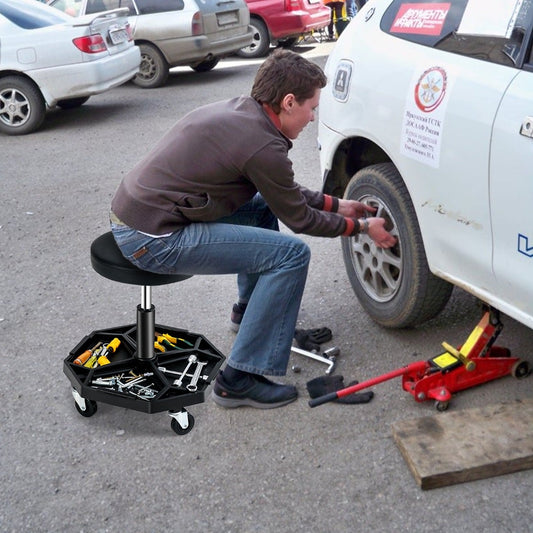 Garage Workshop Creeper Seat with Padded Seat and Tool Tray-Black