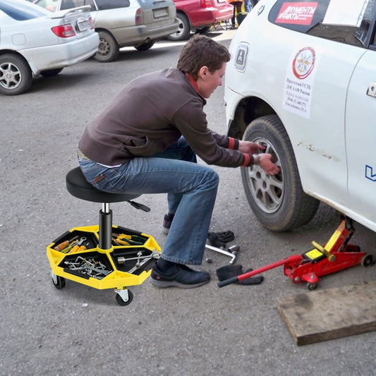 Garage Workshop Creeper Seat with Padded Seat and Tool Tray-Yellow