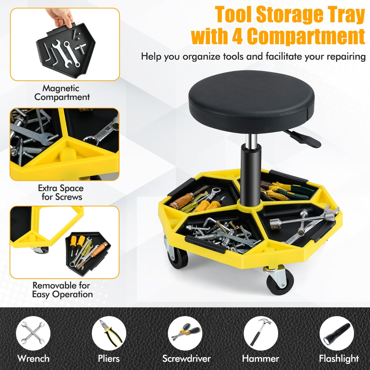 Garage Workshop Creeper Seat with Padded Seat and Tool Tray-Yellow