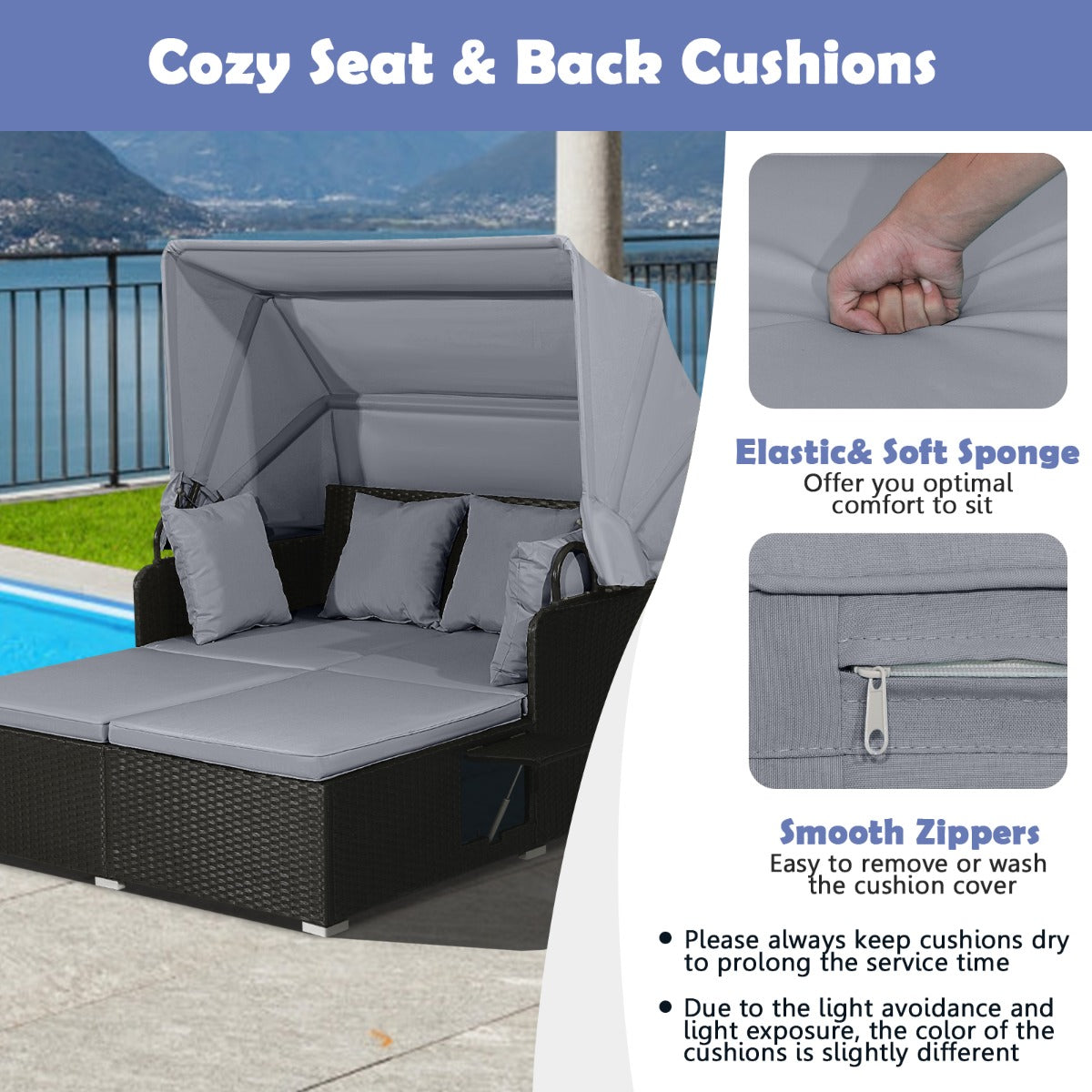 Garden Rattan Daybed with Retractable Canopy and Cushions-Grey