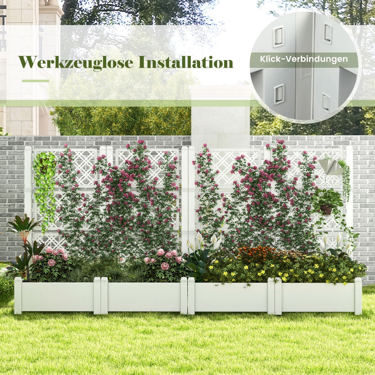 Outdoor Planter Box Self-Watering Raised Garden Bed Trellis with Water Level Indicator-White
