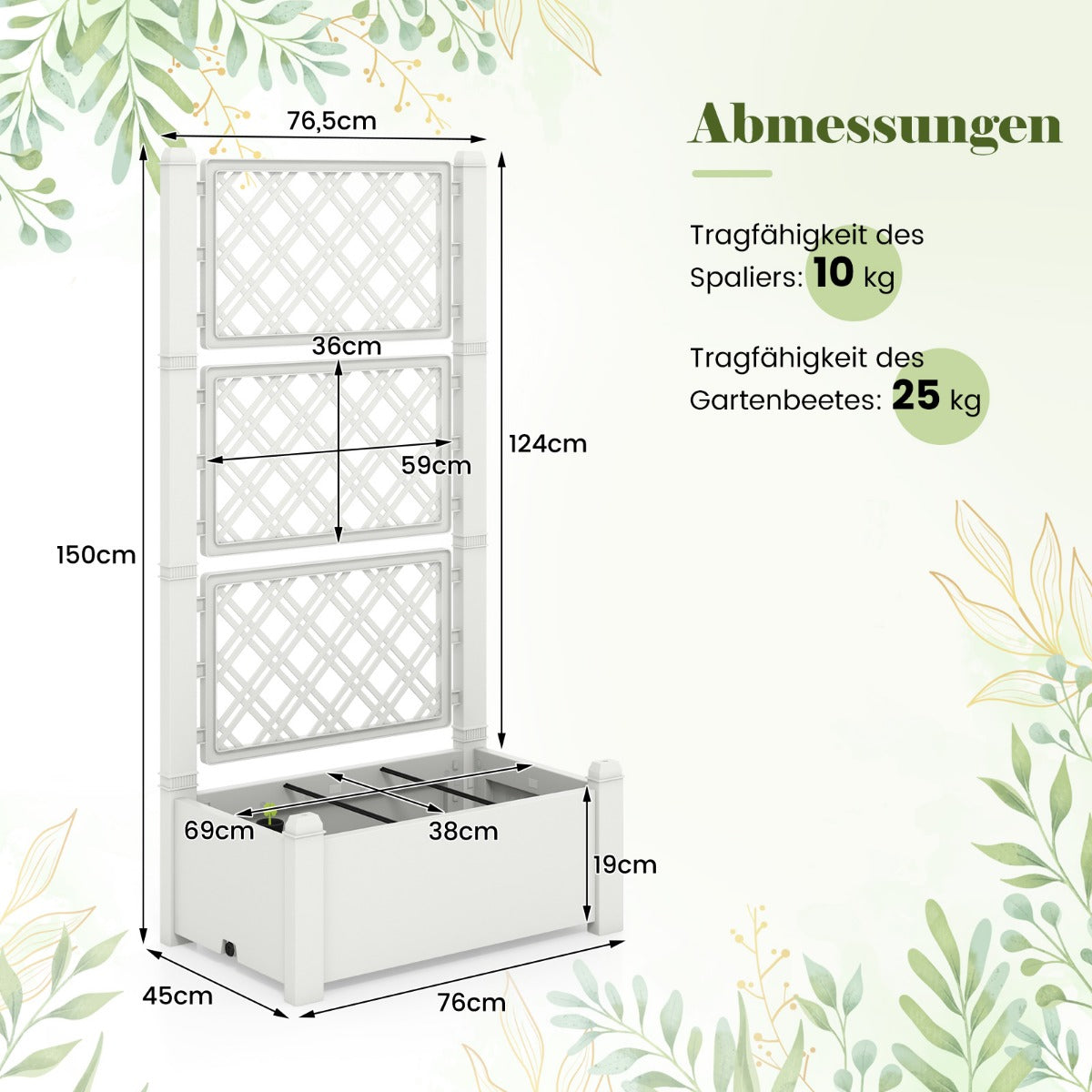 Outdoor Planter Box Self-Watering Raised Garden Bed Trellis with Water Level Indicator-White