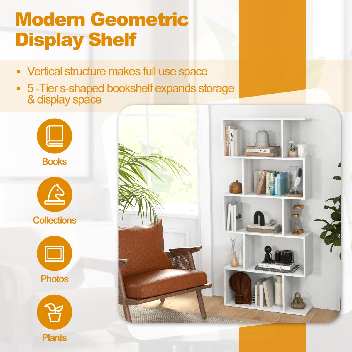 5-Tier Bookshelf with Anti-Toppling Device for Living Room Home Office-White