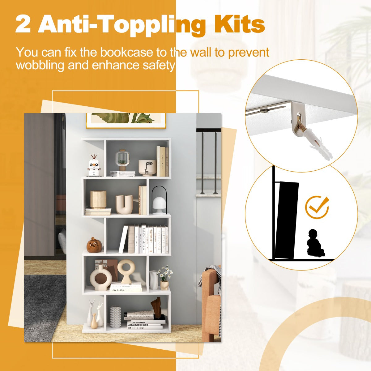 5-Tier Bookshelf with Anti-Toppling Device for Living Room Home Office-White