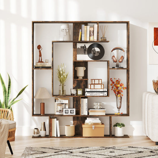 7-Tier Geometric Bookshelf with 2 Anti-Tipping Kits-Rustic Brown