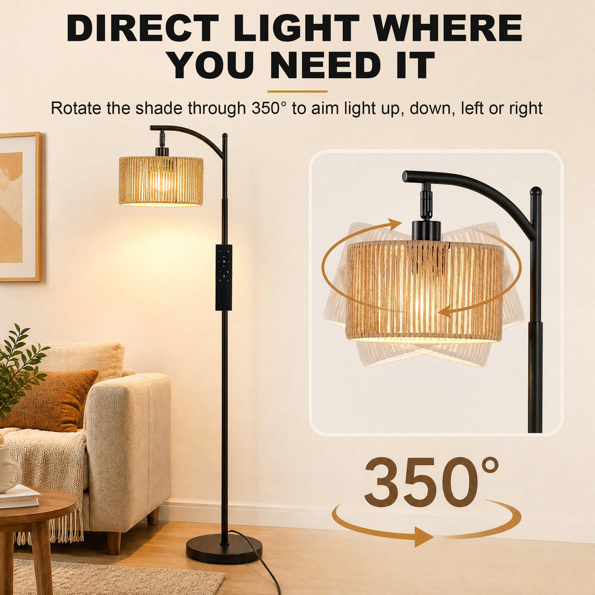 HOMCOM LED Floor Lamp, 160 cm Modern Dimmable Standing Lamp with Adjustable Shade, Magnetic Remote, Black