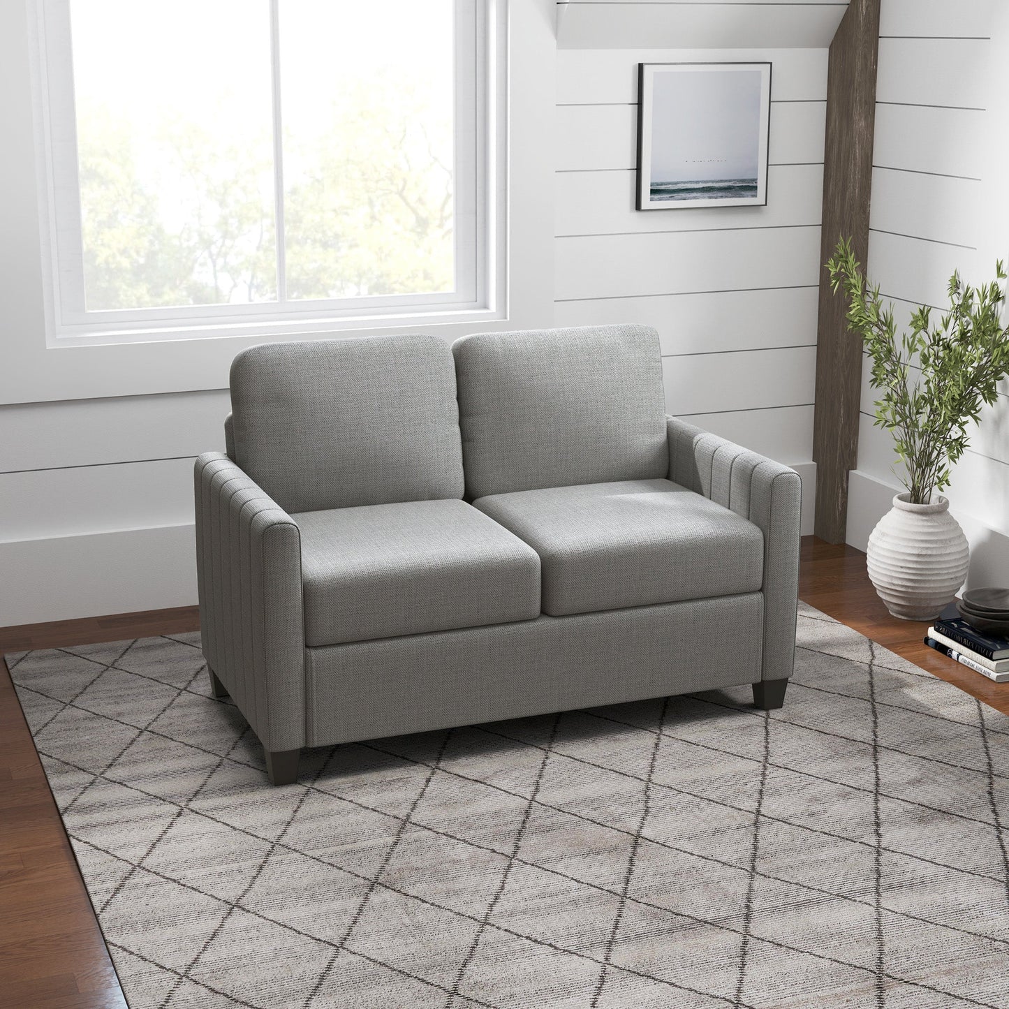 HOMCOM 2 Seater Sofa, Channel Tufted Modern Fabric Couch, Comfy Upholstered Loveseat with Spring Cushion, Back Pillow, for Living Room, Bedroom, Office, Light Grey