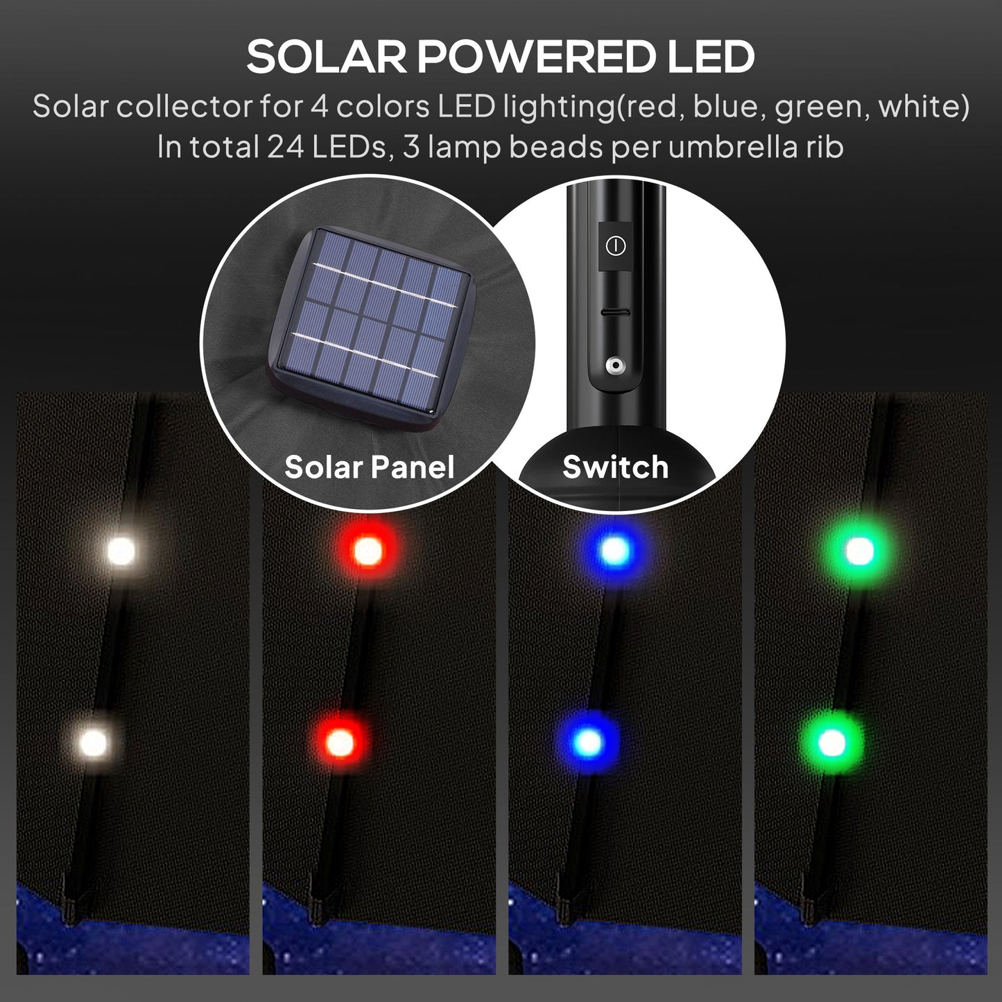 Outsunny â2.7m Garden Parasol Solar Outdoor Tilt Sun Umbrella Patio Sun Shade w/ 24 LED Light, Hand Crank and 8 Ribs, Black