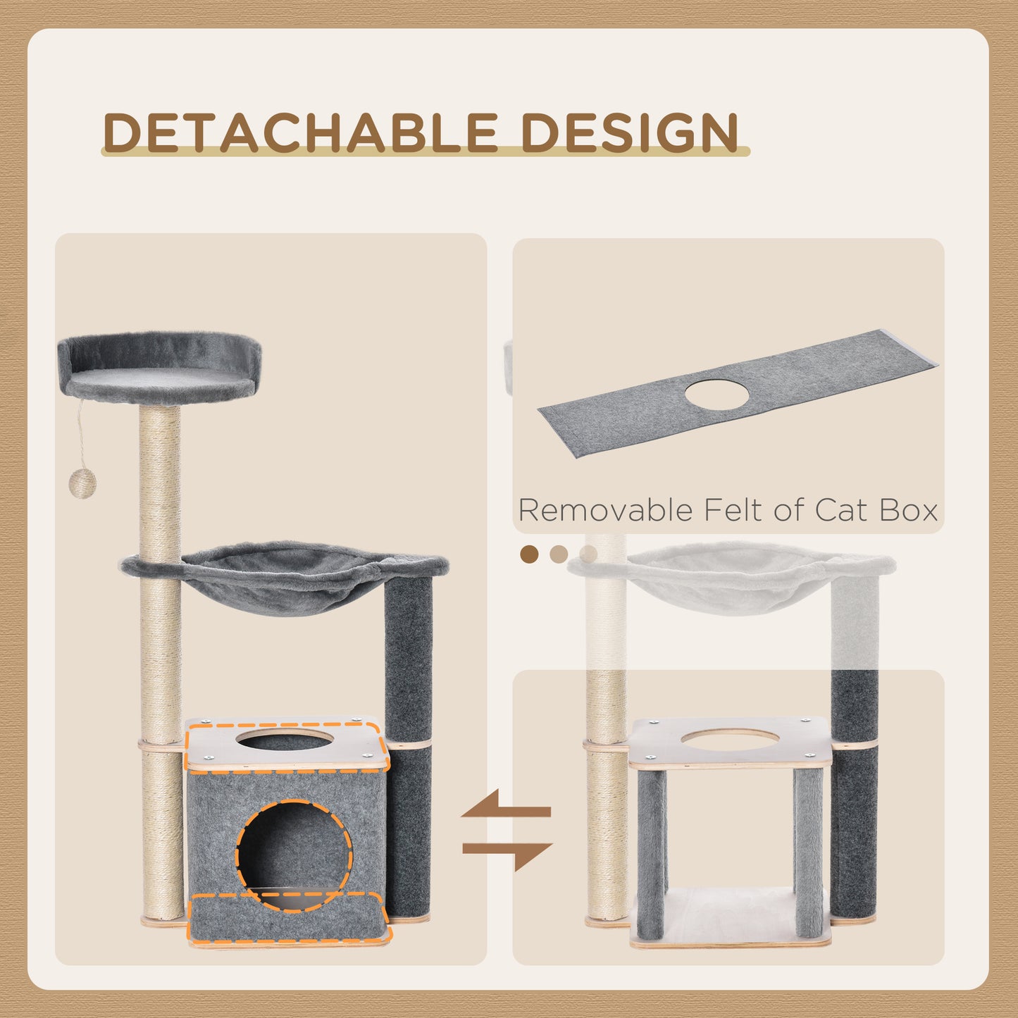 PawHut Cat Tree dla kotów domowych 95 cm wieża wspinaczkowa centrum aktywności dla kociąt z sizalowym słupkiem do drapania grzęda przestronny hamak w mieszkaniu zdejmowana filcowa wisząca zabawka, szary