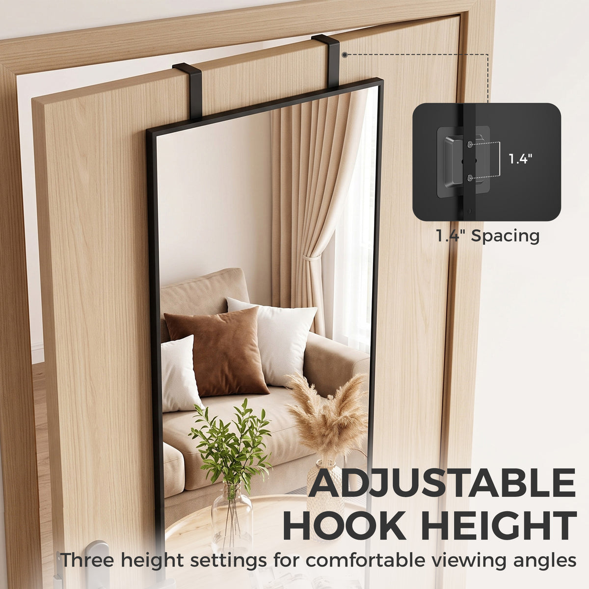 HOMCOM 40 x 110 cm Full Length Wall Mirror, Rectangular Mirror with Adjustable Hooks, Over the Door or Wall Mounted, Black