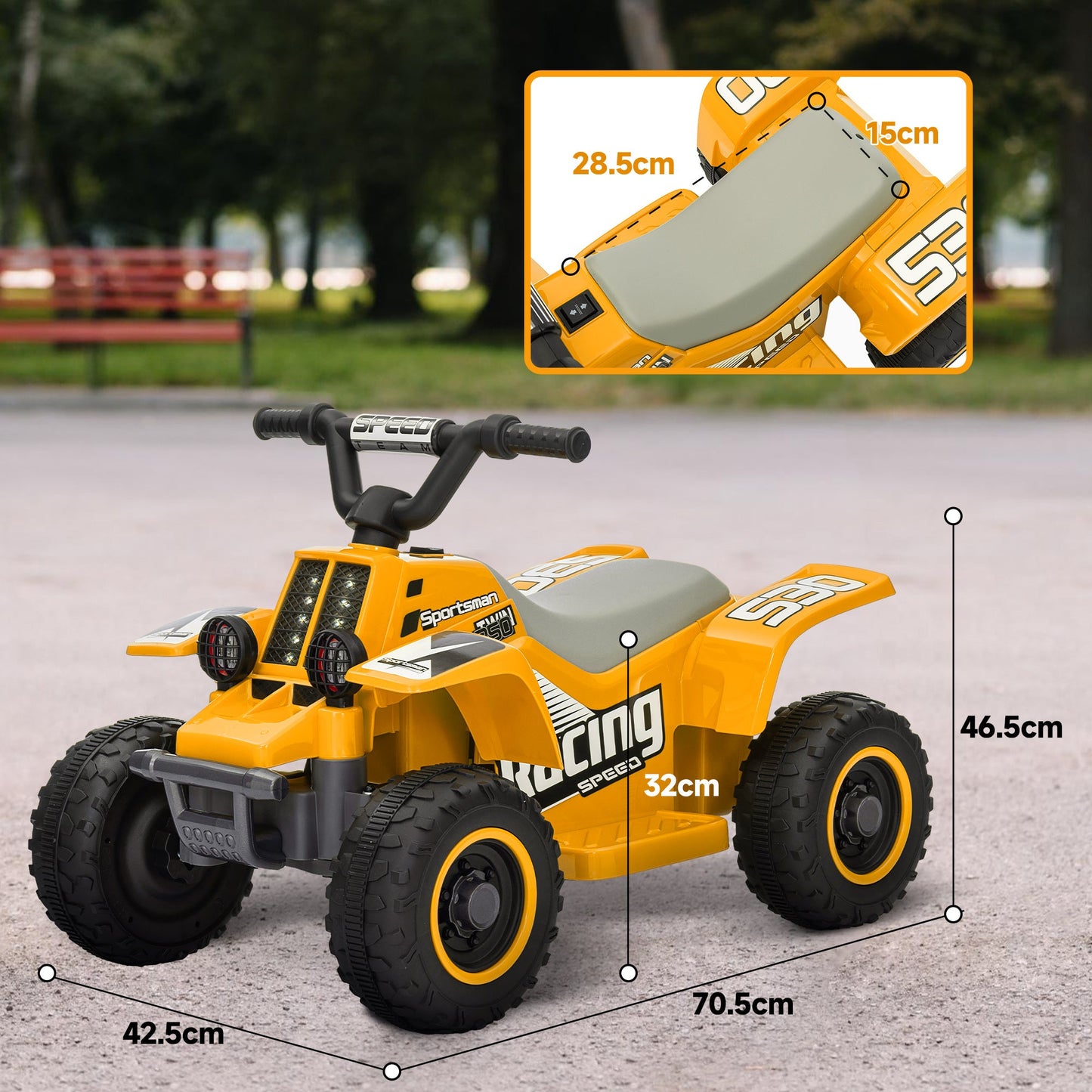 AIYAPLAY 6V Elektryczny Quad dla Dzieci, Jeździk ATV z Przodu Do Tyłu, Reflektory, dla 18-36 Miesięcy, Żółty