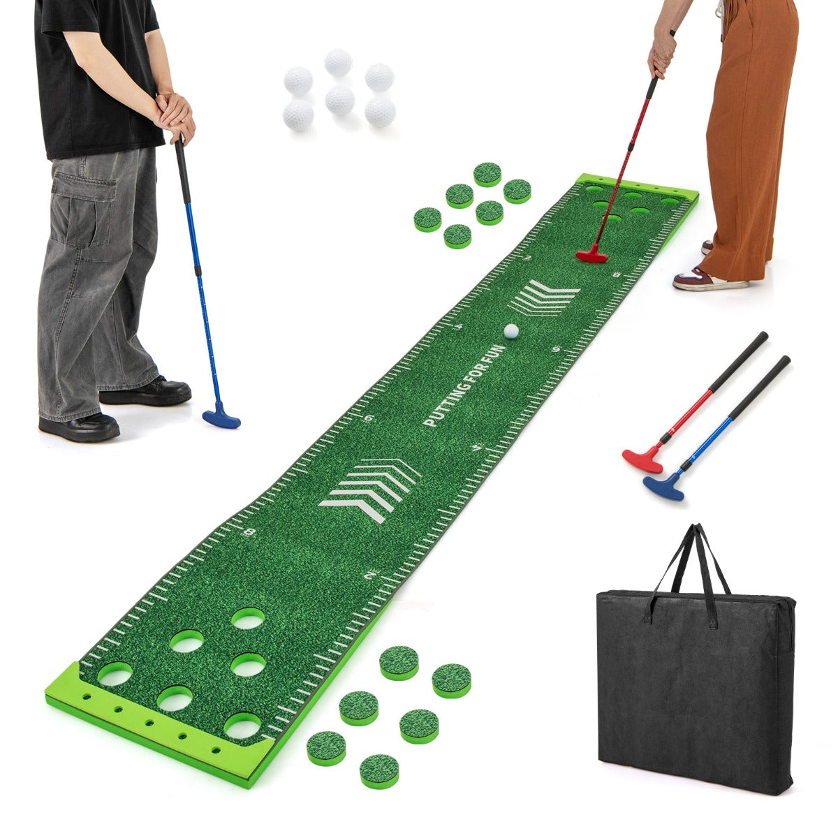 11 FT Putting Green Mat with 2 Adjustable Putters 6 Balls and 12 Hole Covers for Party