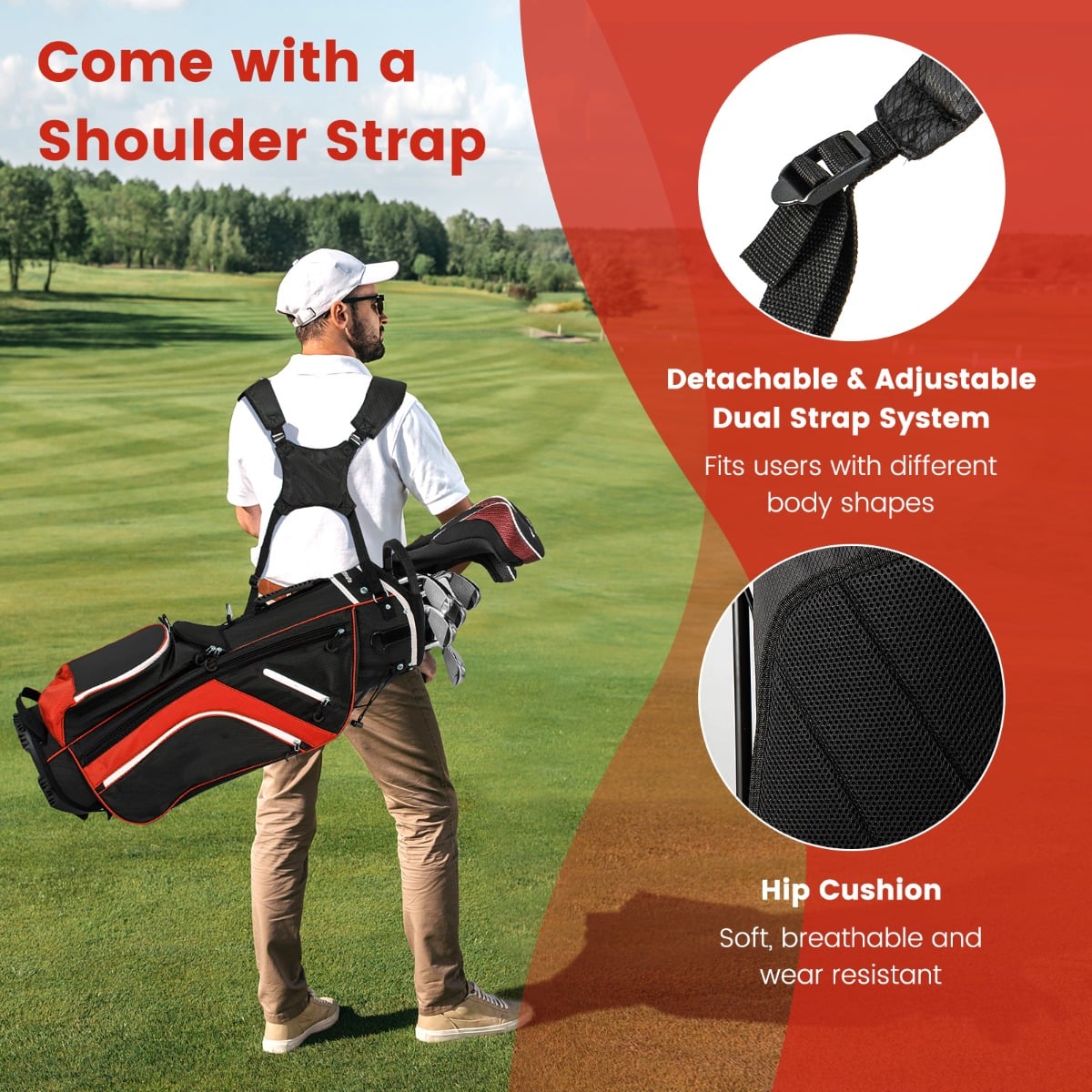 Golf Stand Bag wIth 14 Way Top Dividers 6 Pockets Cooler Bag Dual Strap and Rain Hood-Red