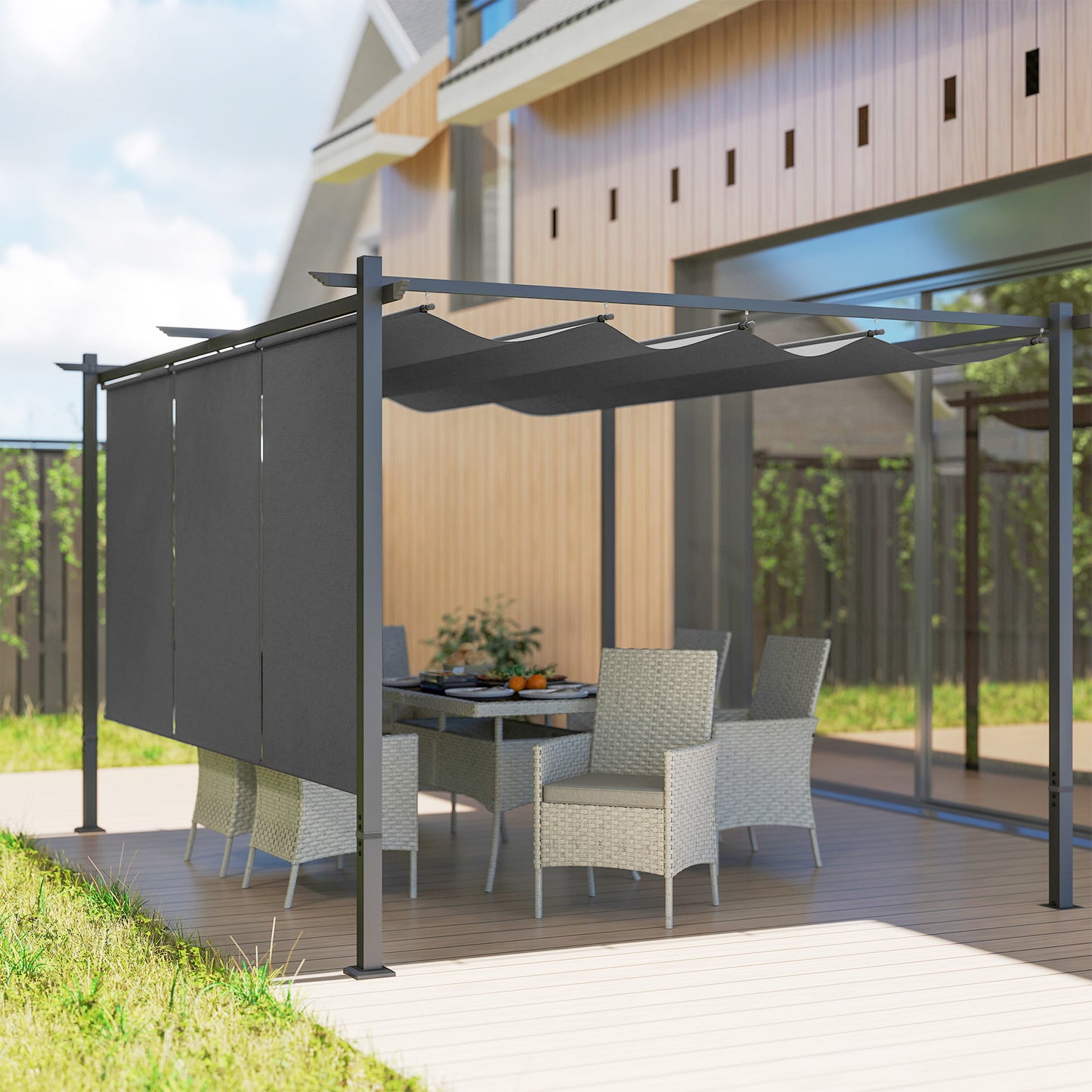 Outsunny 3 x 4m Metalowa pergola z chowanym dachem i roletą, montowana na ścianie lub wolnostojąca ogrodowa altana z baldachimem, UPF30+ zewnętrzna osłona przeciwsłoneczna, szara