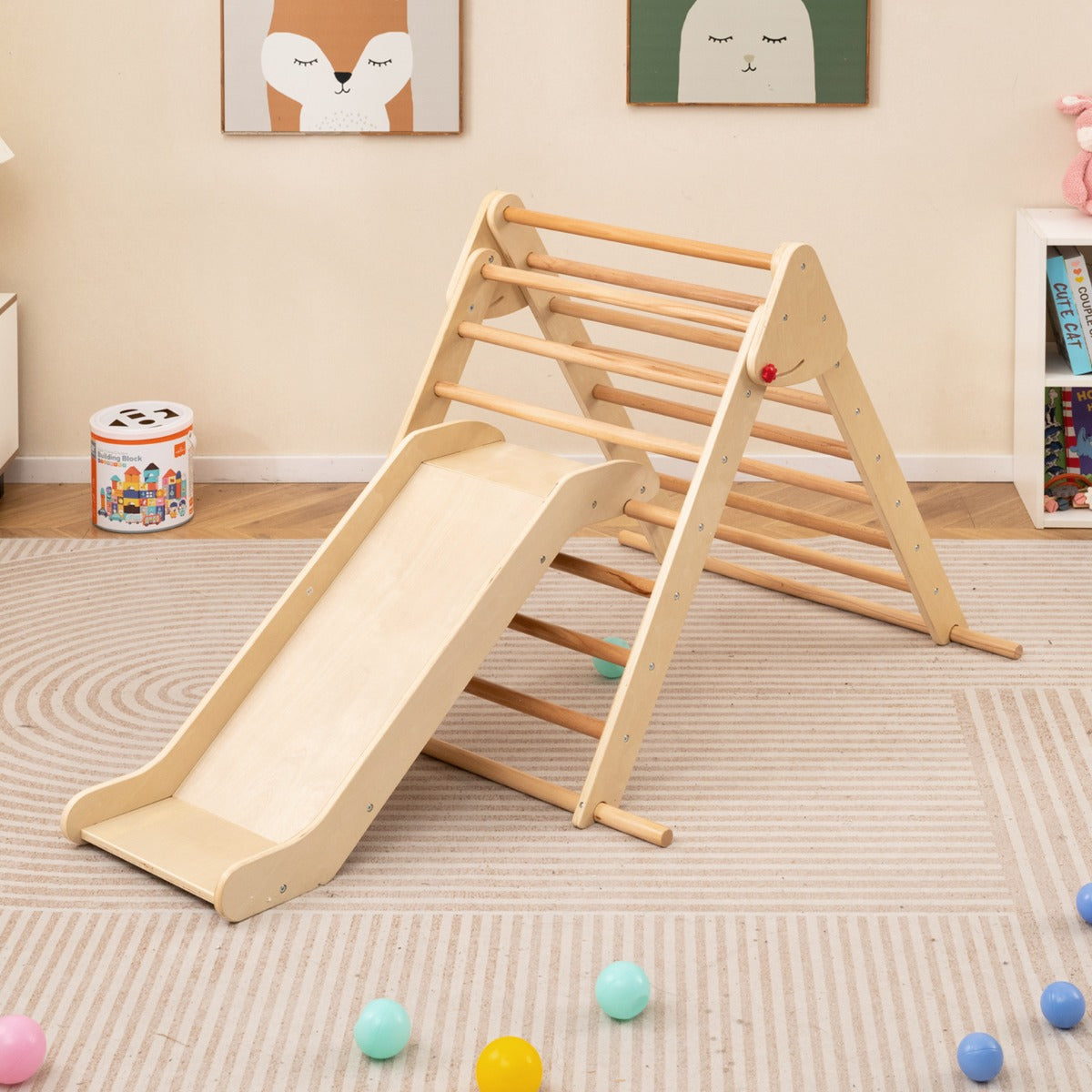Pikler Triangle Set Foldable Triangle Climber with Slide-Natural