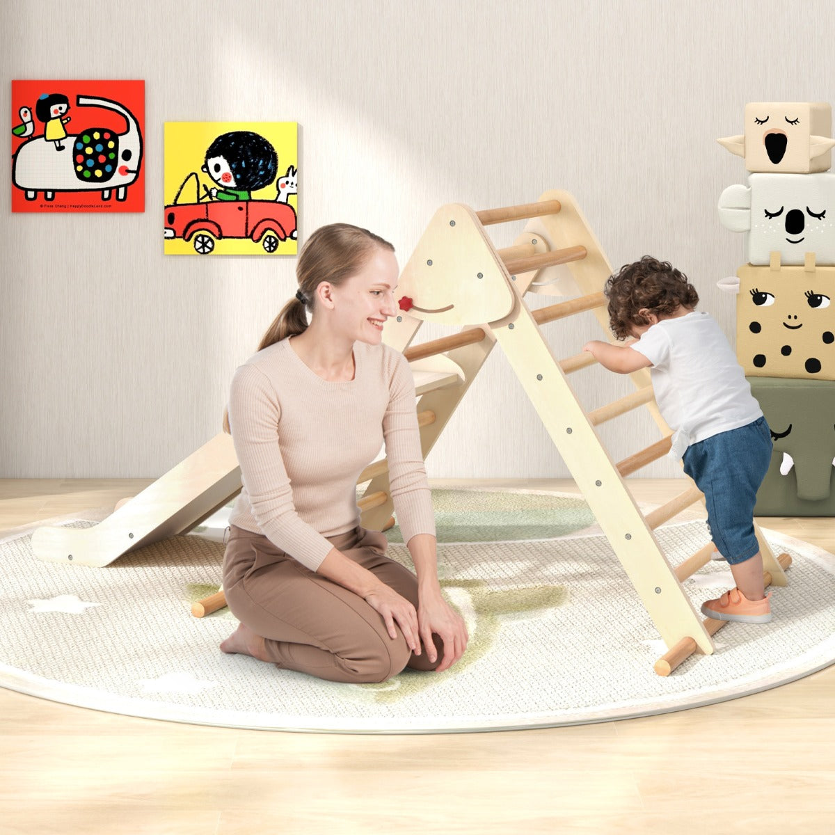 Pikler Triangle Set Foldable Triangle Climber with Slide-Natural