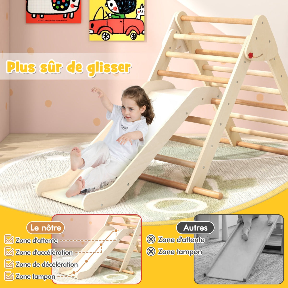 Pikler Triangle Set Foldable Triangle Climber with Slide-Natural