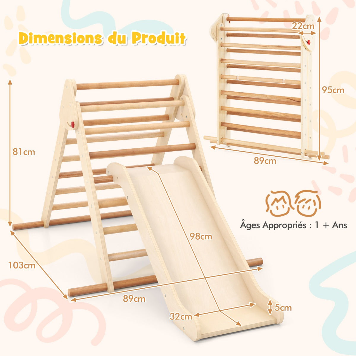 Pikler Triangle Set Foldable Triangle Climber with Slide-Natural