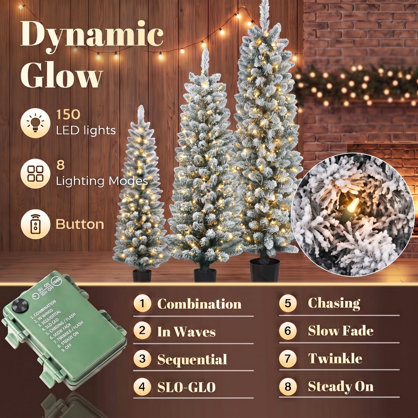 HOMCOM Prelit Snowy Flocked Artificial Christmas Tree Set of 3, Slim Xmas Tree with PVC Tips, 3FT+4FT+5FT