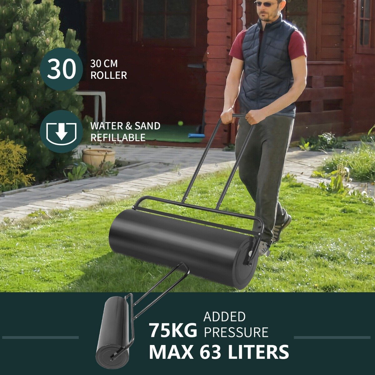 63L Heavy-Duty Garden Grass Roller with U-shaped Handle-Black